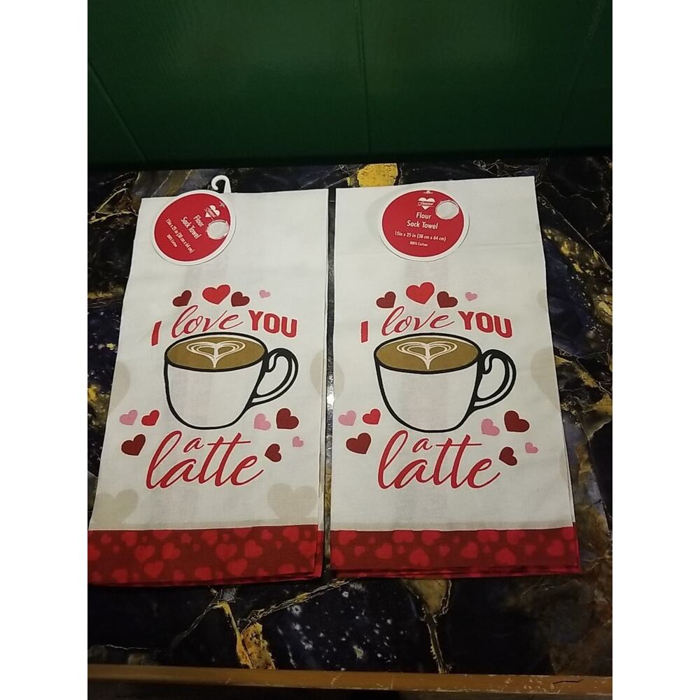 2 NEW Flour Sack Towel, Love You Latte Valentines 100% Cotton, 15"x25" Seasonal